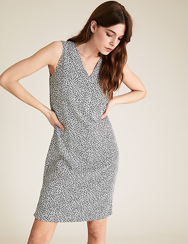 Linen Blend Leaf Print Shift Dress