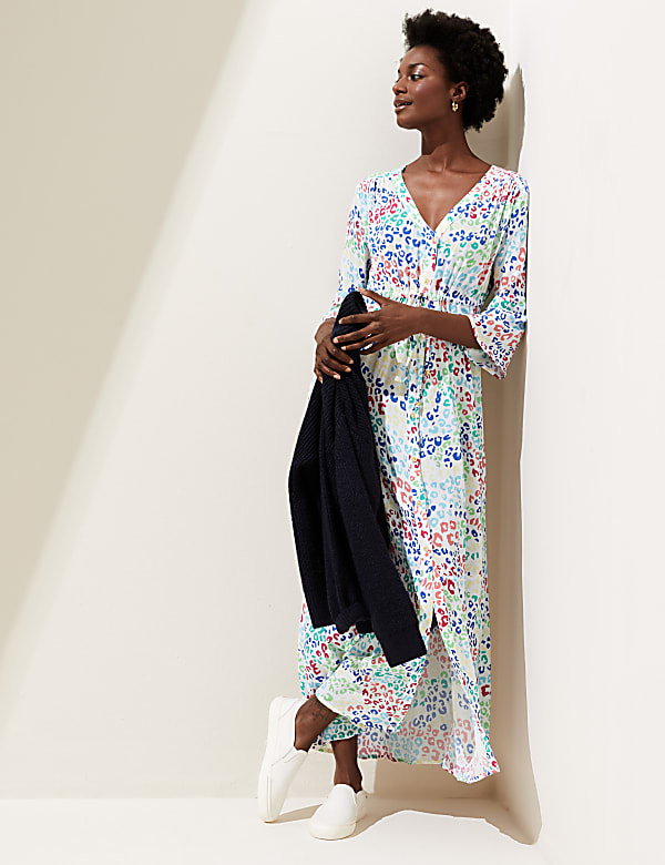 Animal Print V-Neck Shirred Maxi Dress