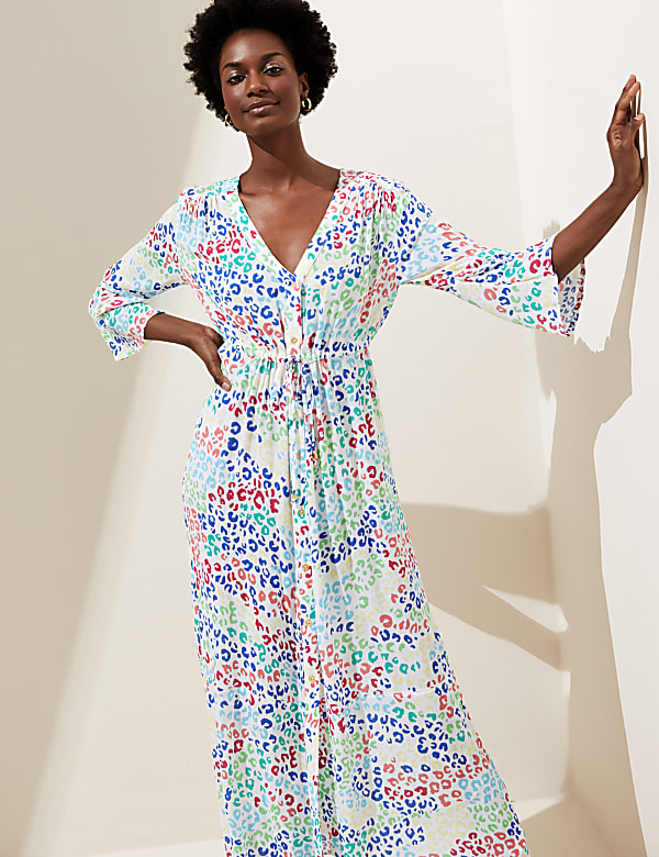 Animal Print V-Neck Shirred Maxi Dress