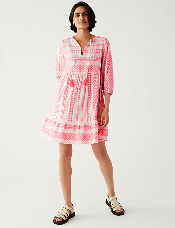 Cotton Rich Jacquard Mini Smock Beach Dress