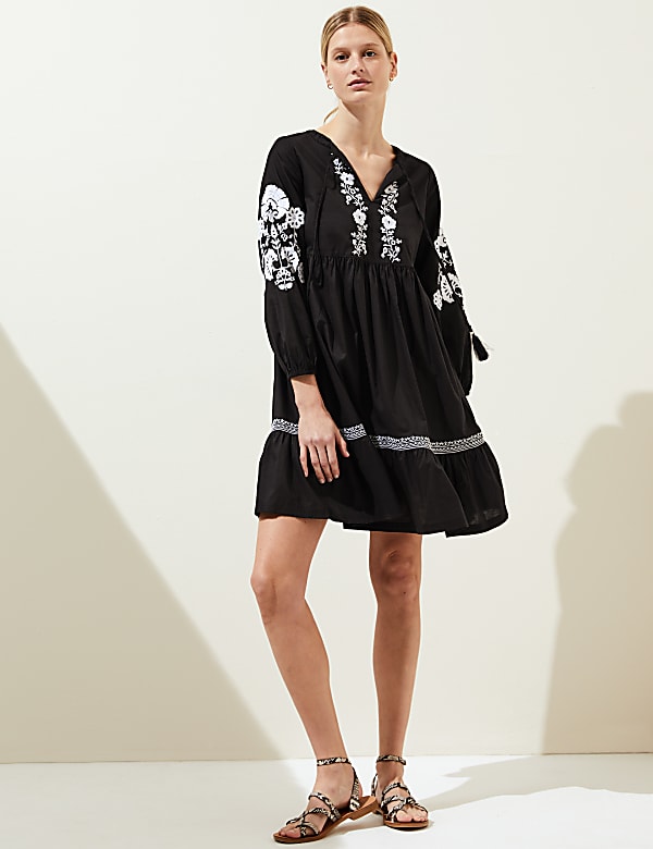Pure Cotton V-Neck Mini Tiered Dress