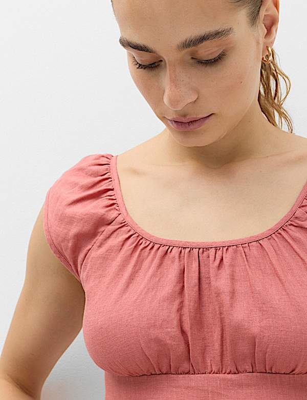 Pure Linen Square Neck Ruched Top