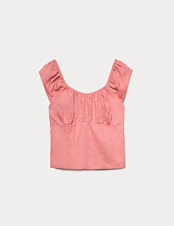 Top fruncido 100 % lino de escote cuadrado - US