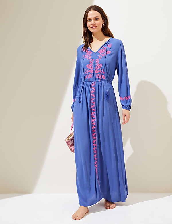 Embroidered V-Neck Maxi Beach Dress - US