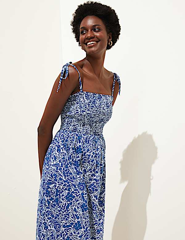 Pure Cotton Ditsy Floral Shirred Midi Dress