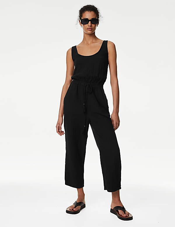 Pure Cotton Drawstring Sleeveless Jumpsuit