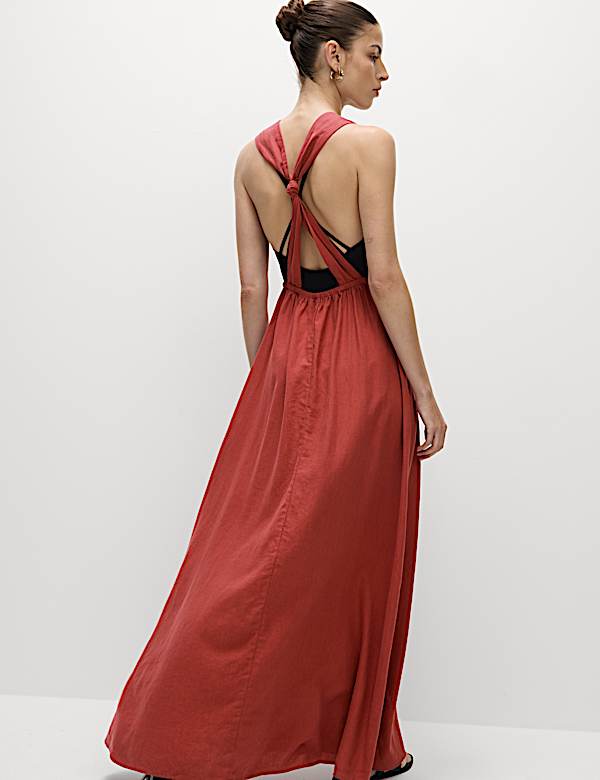 Linen Rich Halterneck Maxi Waisted Dress - CZ