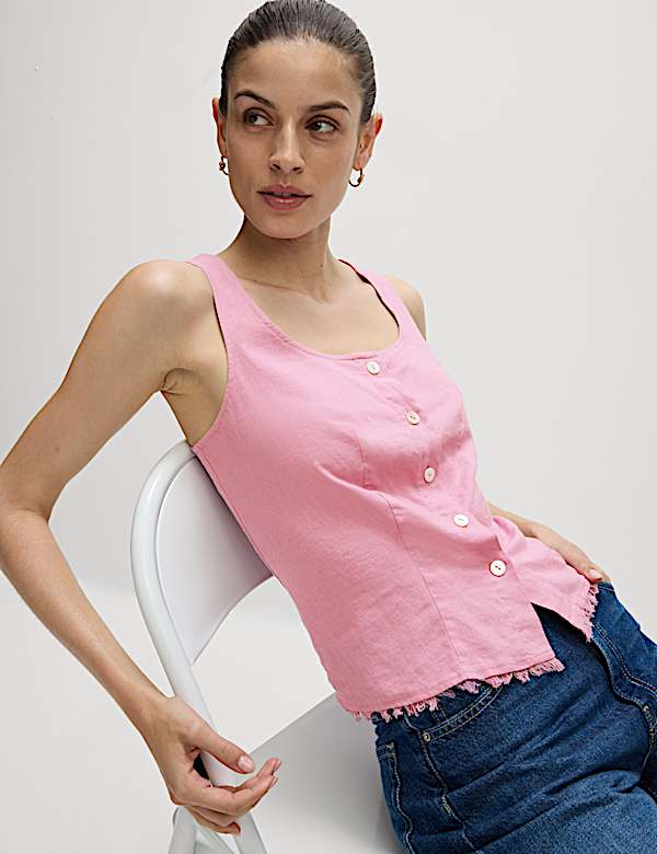 Linen Rich Button Through Raw Edge Cami Top