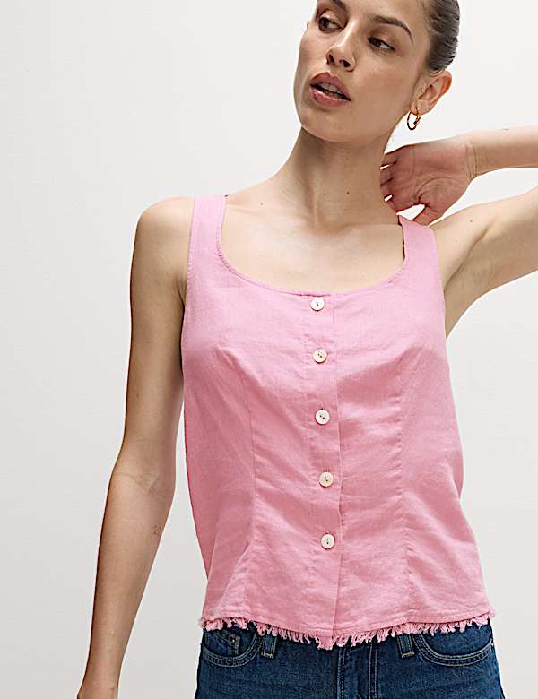Linen Rich Button Through Raw Edge Cami Top