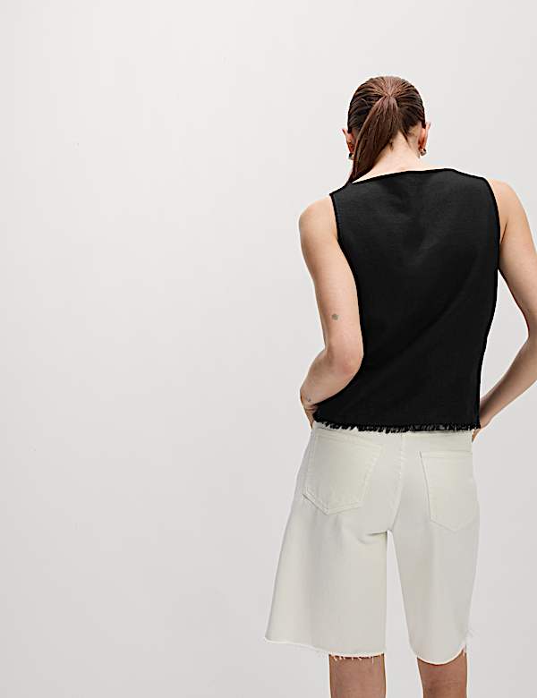 Linen Rich Button Through Raw Edge Cami Top