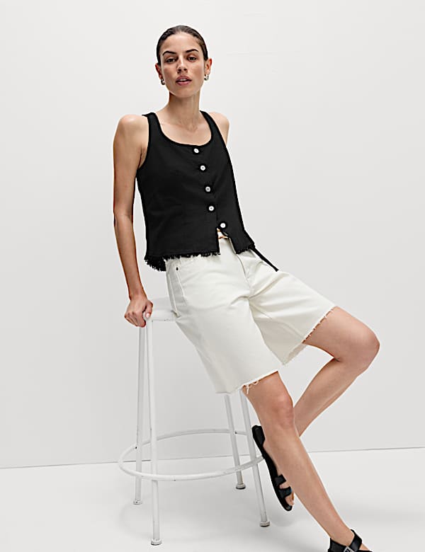 Linen Rich Button Through Raw Edge Cami Top