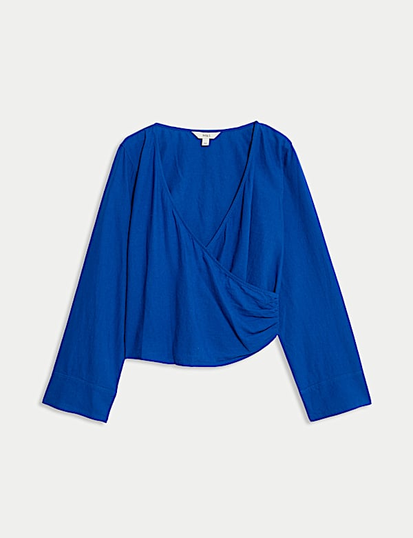 Linen Rich V-Neck Wrap Front Blouse - DK