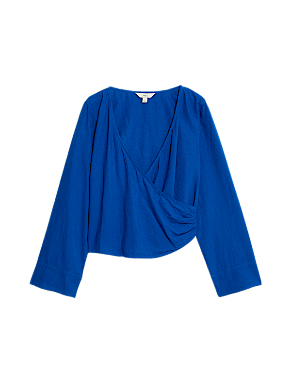 Linen Rich V-Neck Wrap Front Blouse