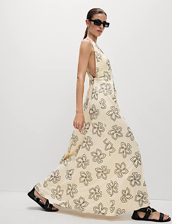 Linen Rich Floral Halter Neck Maxi Dress - AL