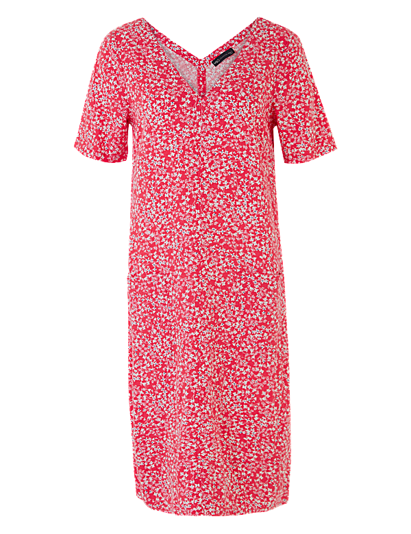 Linen Blend Floral V-Neck Shift Dress