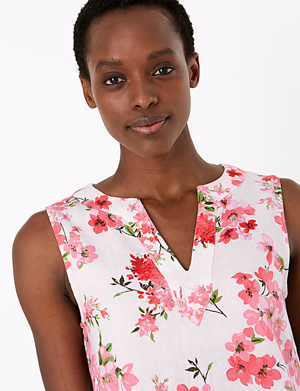 Linen Blend Floral V-Neck Shift Dress