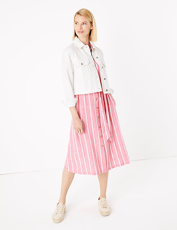 Linen Striped Belted Midi Shirt Dress