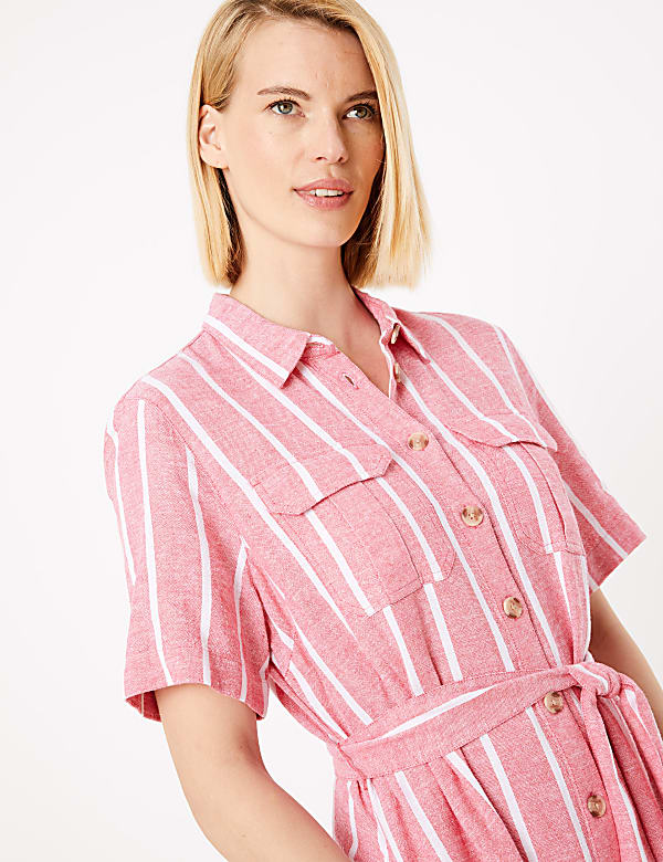 Linen Striped Belted Midi Shirt Dress