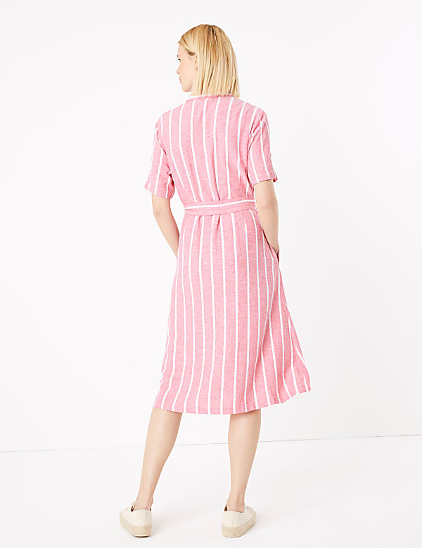 Linen Striped Belted Midi Shirt Dress