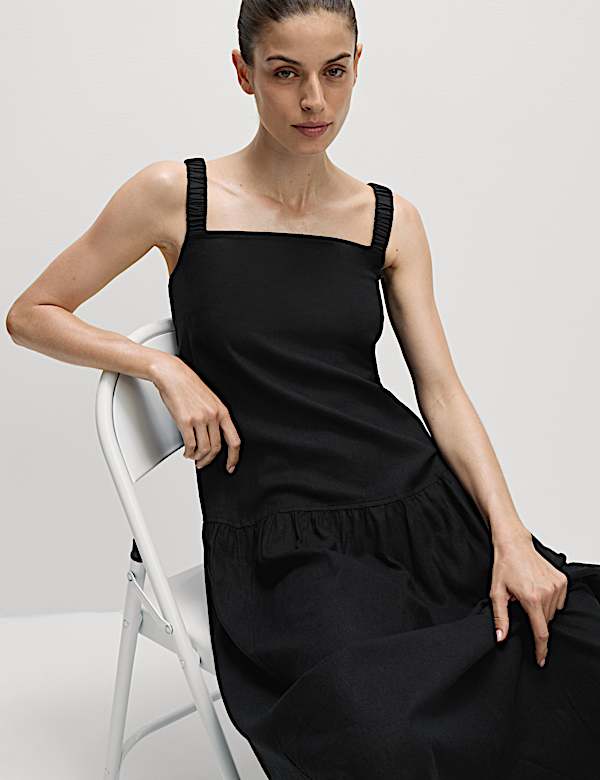 Linen Rich Scoop Neck Midi Drop Waist Dress - RS