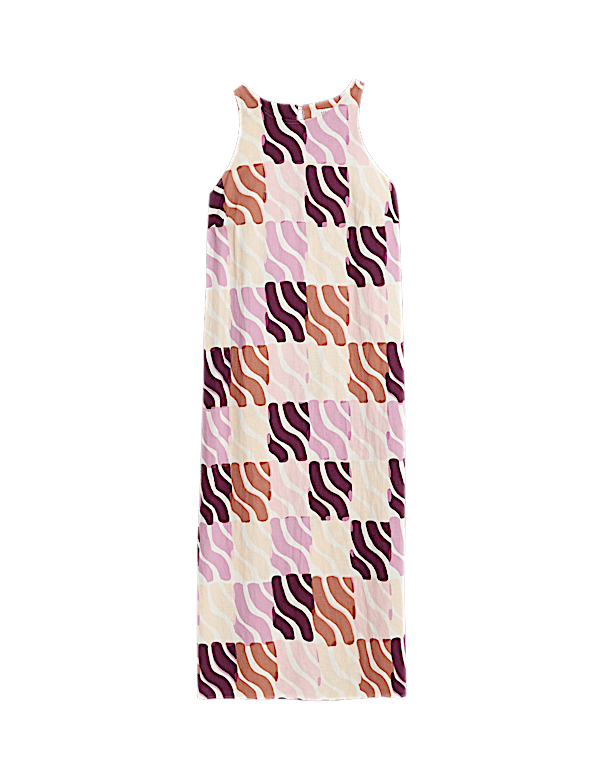 Linen Rich Printed Round Neck Midi Dress