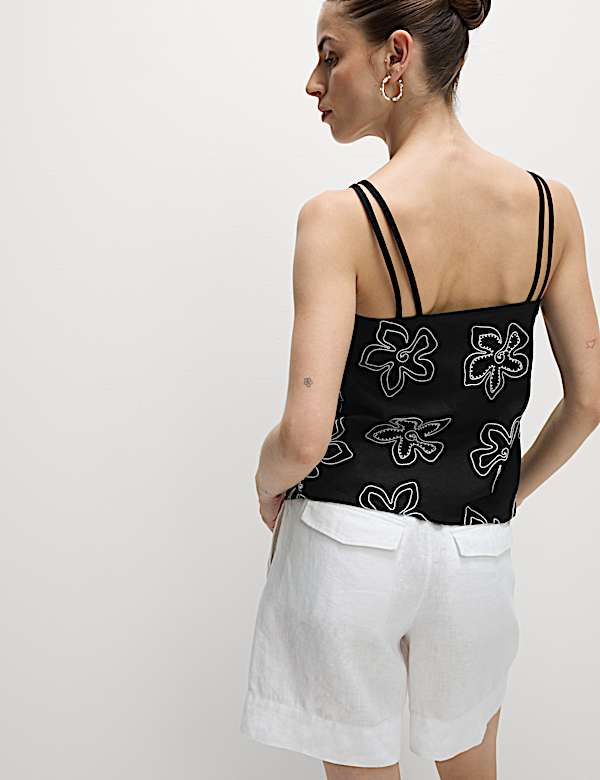 Linen Rich Floral Embellished Cami Top