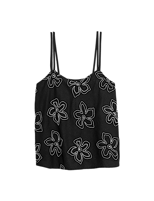 Linen Rich Floral Embellished Cami Top