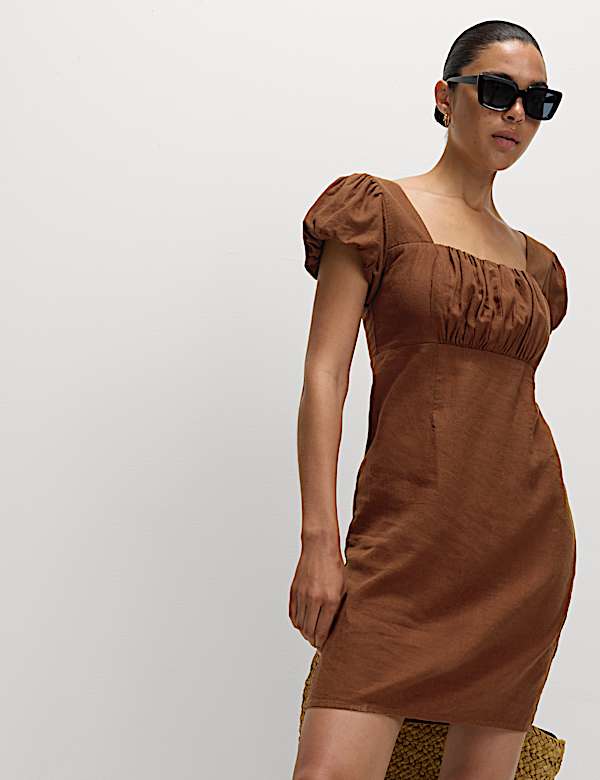 Linen Rich Puff Sleeve Mini Shift Dress