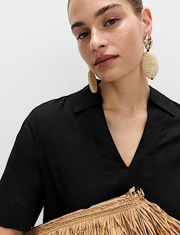 Mini sukienka o prostym kroju z kołnierzem z mieszanki z przewagą lnu - PL