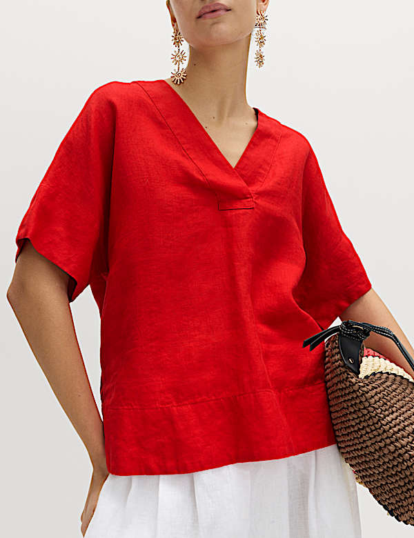 Top 100 % lin &agrave; col en V et boutons-pression - FR