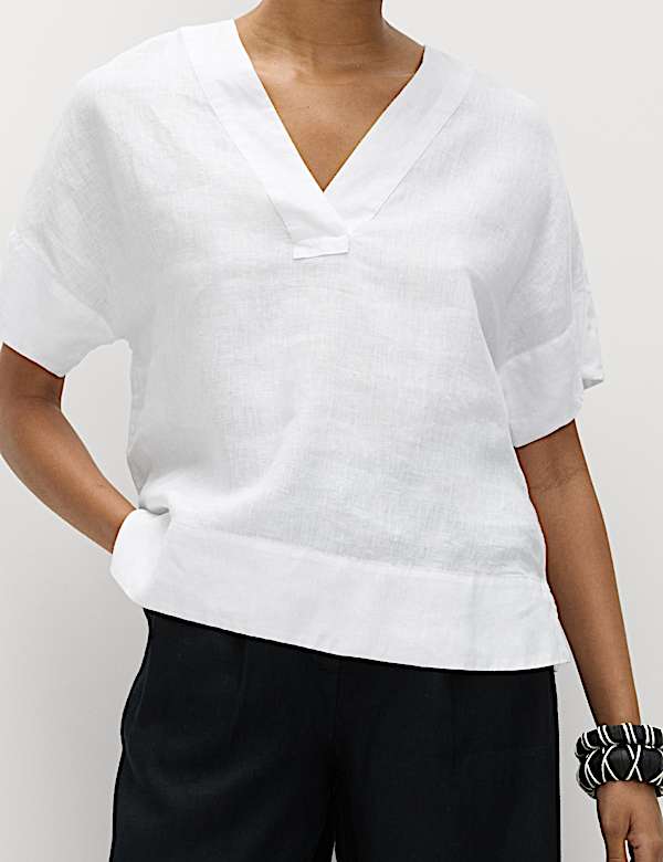 Pure Linen V-Neck Popover Top - SK