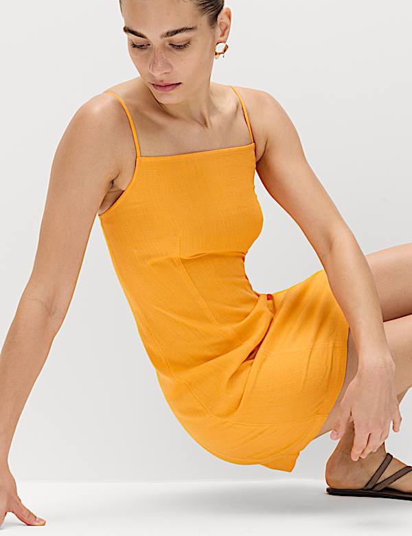 Square Neck Mini Shift Dress with Linen