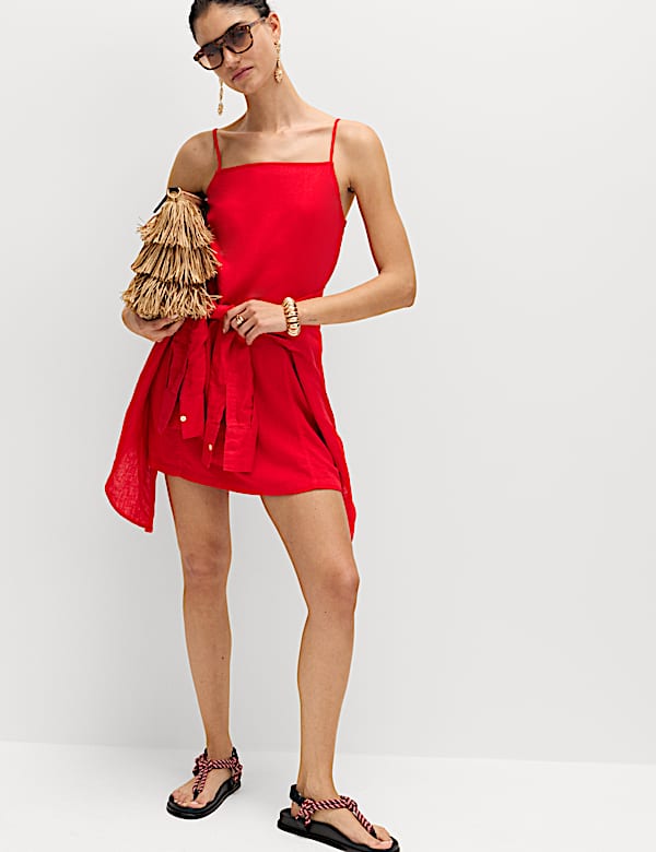 Square Neck Mini Shift Dress with Linen