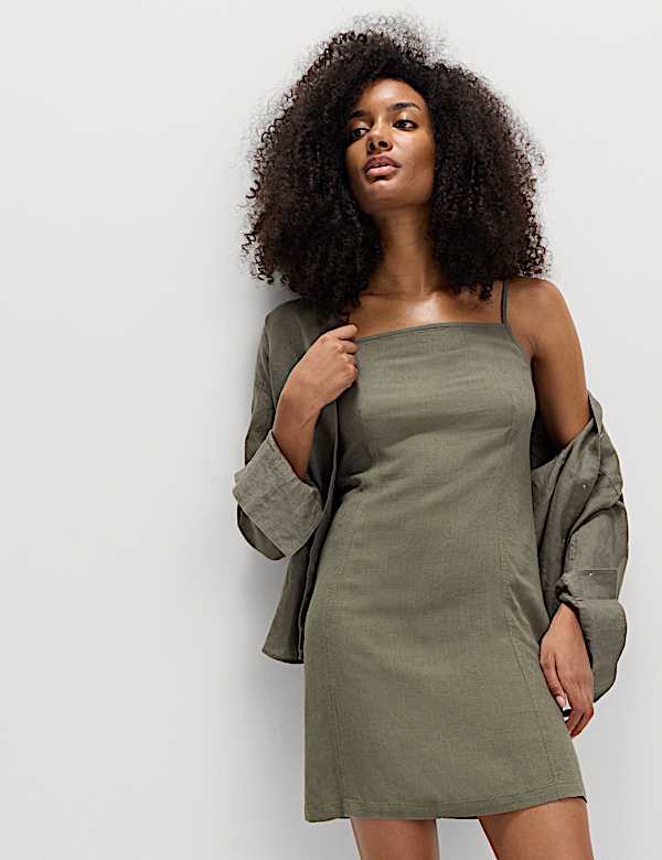 Square Neck Mini Shift Dress with Linen