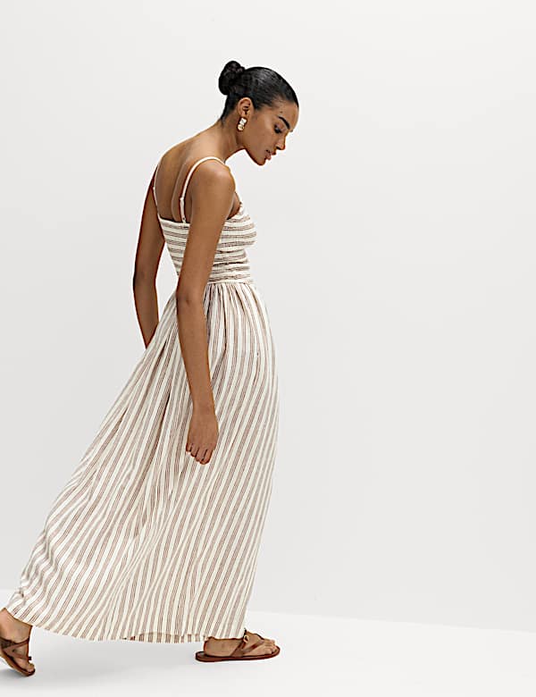 Linen Rich Shirred Midi Shift Dress