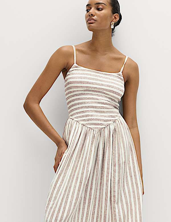 Linen Rich Shirred Midi Shift Dress