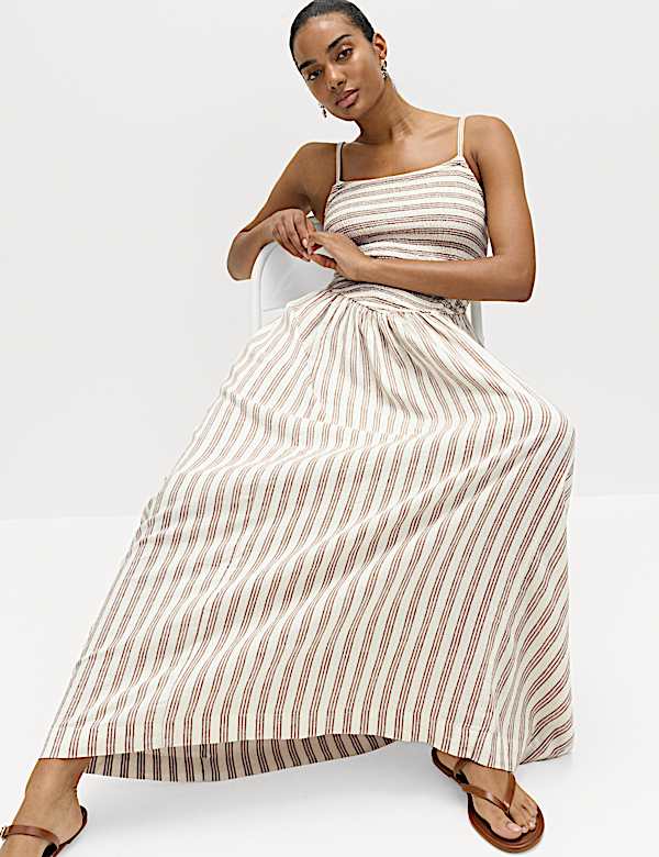 Linen Rich Shirred Midi Shift Dress