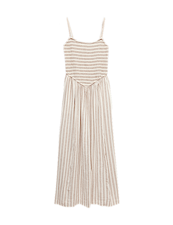 Linen Rich Shirred Midi Shift Dress