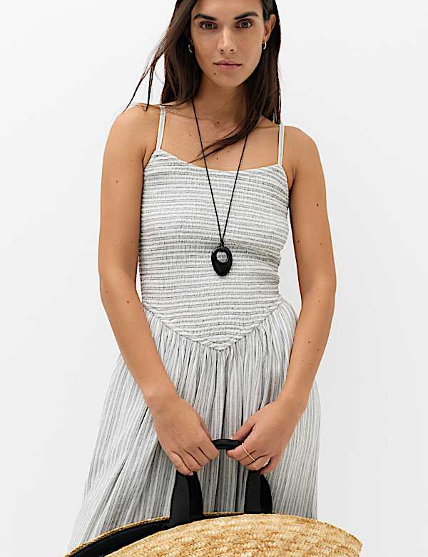 Linen Rich Shirred Maxi Shift Dress