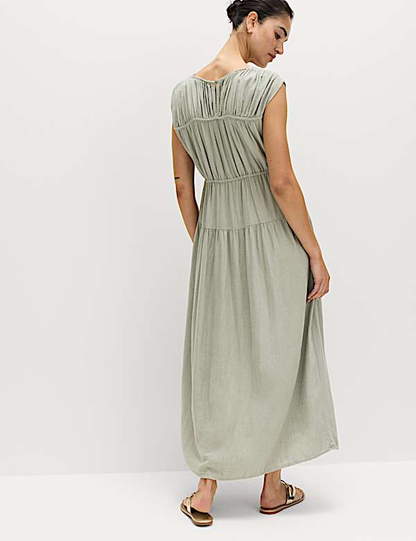Ruched Maxi Waisted Dress with Linen - US