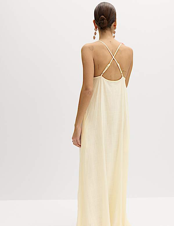 Square Neck Strappy Maxi Shift Dress with Linen