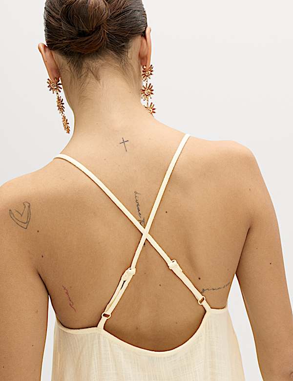 Square Neck Strappy Maxi Shift Dress with Linen