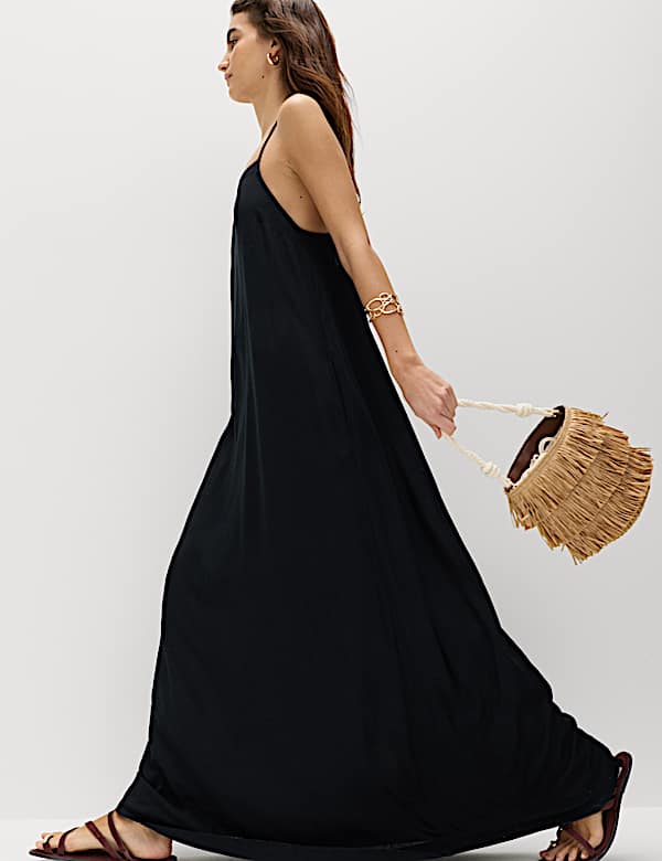 Square Neck Strappy Maxi Shift Dress with Linen
