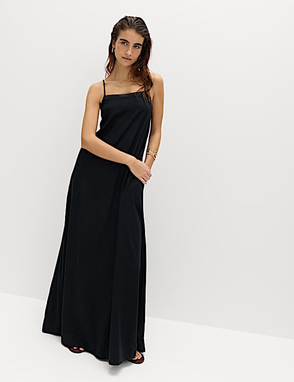 Square Neck Strappy Maxi Shift Dress with Linen
