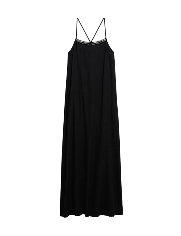 Square Neck Strappy Maxi Shift Dress with Linen