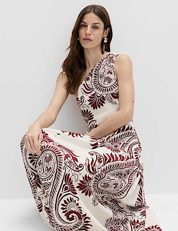 Linen Rich One Shoulder Maxi Shift Dress