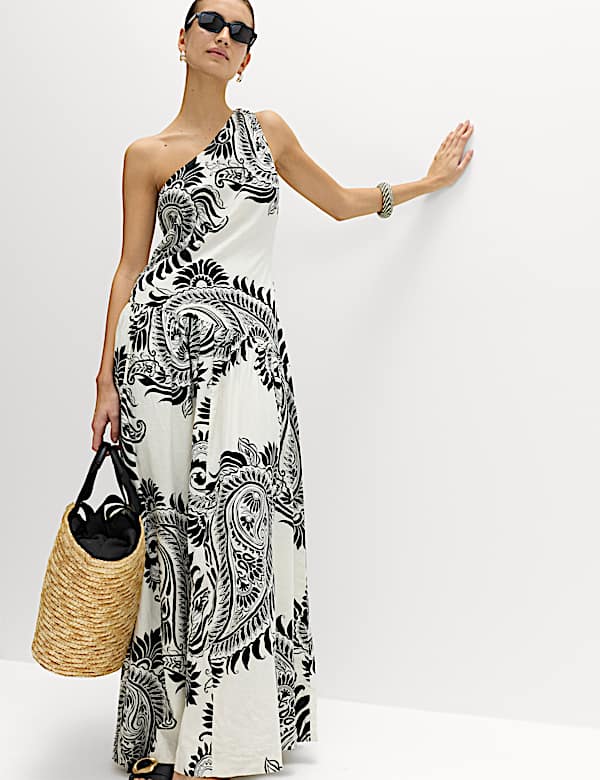 Linen Rich One Shoulder Maxi Shift Dress