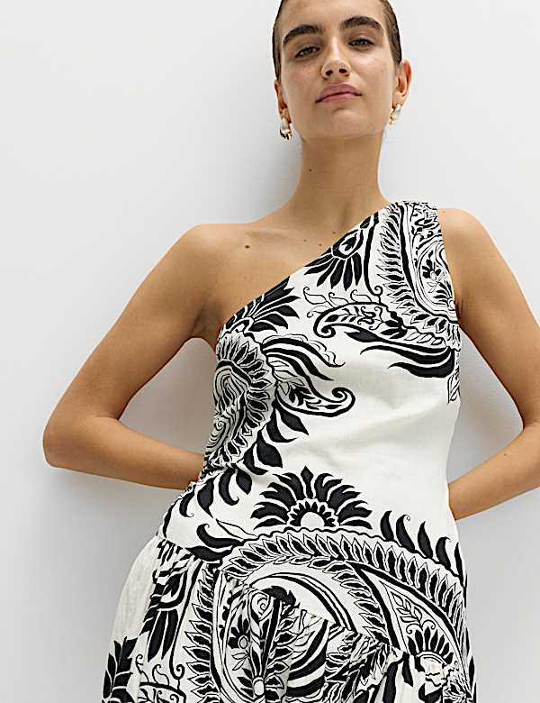 Linen Rich One Shoulder Maxi Shift Dress