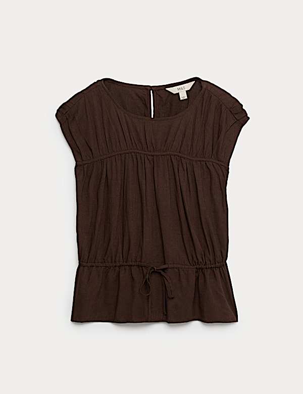 Ruched Scoop Neck Regular Fit Top with Linen - NZ