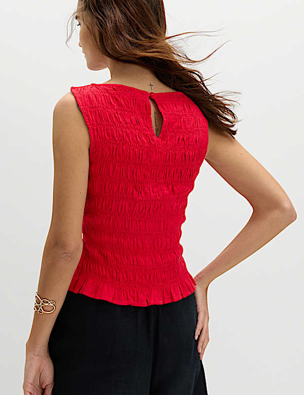 Slash Neck Shirred Top with Linen - NO